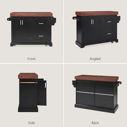 53.2" Rolling Kitchen Island with Storage, 3.5" Thick Countertop, Spice Rack, Towel Rack, Drawer & Cabinet - Mobile Kitchen Cart on Wheels for Kitchen, Dining Room, Black - color: Black