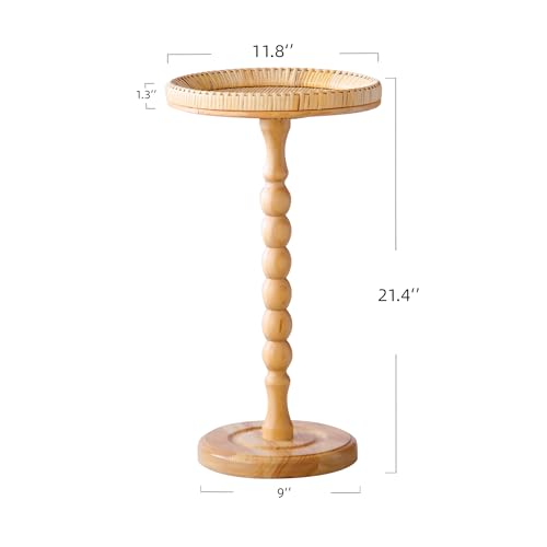 Drink Table，Rattan Round Small Side Table for Small Spaces, Boho Circle End Table Coffee Table with Solid Wood Leg for Living Room, Pedestal Table for Bedroom, Corners - size: High: 21.4", style: Bohemian