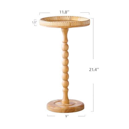 Drink Table，Rattan Round Small Side Table for Small Spaces, Boho Circle End Table Coffee Table with Solid Wood Leg for Living Room, Pedestal Table for Bedroom, Corners - size: High: 21.4", style: Bohemian