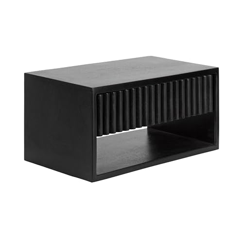 Kate and Laurel Reid Ribbed Wooden Tiered Floating Side Table, 18 x 10 x 9, Black, Modern Rectangular Mango Wood Floating Nightstand with Drawer for Bedroom Storage or Living Room End Table - color: Black