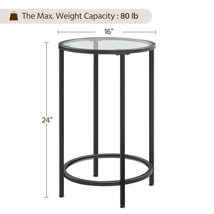 Yaheetech 16'' Round Glass End Table, Black Iron Open-Frame Ring Nightstand | Tempered Glass Top Side Table for Living Room, Iron Frame Holds 88 lb, Open Ring Base, 24'' Height Fits Sofa Arms