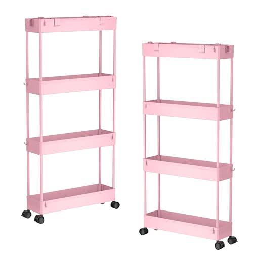 SPACELEAD 2-piece Set Slim Storage Cart 3 Tier,Bathroom Organizer Rolling Utility,Mobile Shelving Unit Slide Out for Office, Kitchen, Laundry Room & Narrow Places - color: Pink