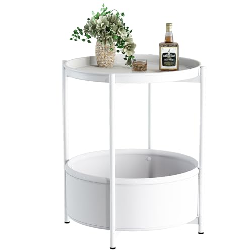 Garden 4 you Side Table with Fabric Storage Basket, Round Metal End Table, Small Bedside Table Nightstand with Removable Tray, for Nursery, Living Room, Bedroom, Bathroom, White - color: White