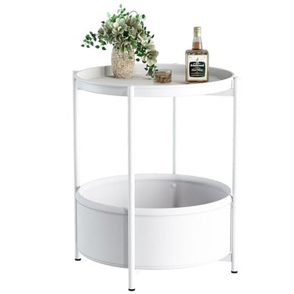 Garden 4 you Side Table with Fabric Storage Basket, Round Metal End Table, Small Bedside Table Nightstand with Removable Tray, for Nursery, Living Room, Bedroom, Bathroom, White - color: White