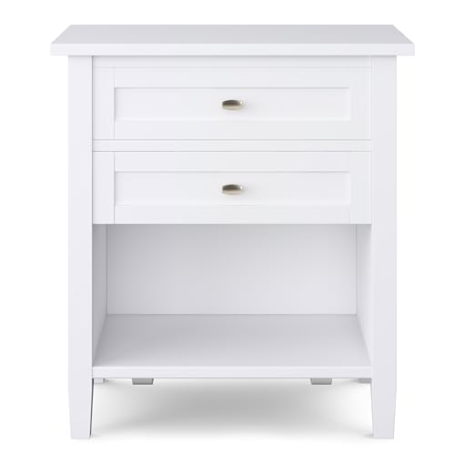 SIMPLIHOME Warm Shaker Bedside Table - 24 inch Wide Solid Wood Nightstand in White, Transitional Bedroom Side or End Table with 2 Drawers, Open Shelf Storage and Brushed Nickel Hardware - color: White