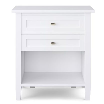 SIMPLIHOME Warm Shaker Bedside Table - 24 inch Wide Solid Wood Nightstand in White, Transitional Bedroom Side or End Table with 2 Drawers, Open Shelf Storage and Brushed Nickel Hardware - color: White