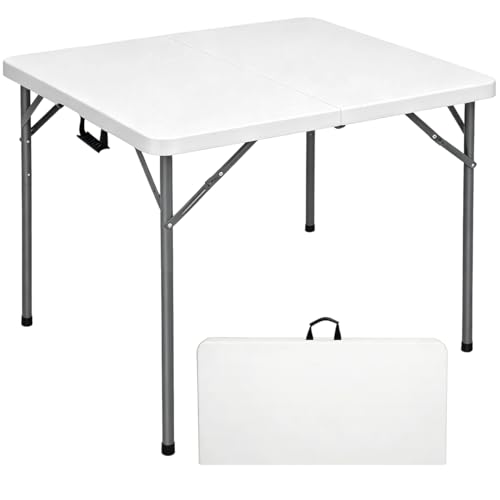 Lakhow 34" Square Folding Table, Fold-in-Half Utility Dining Portable Table Heavy Duty HDPE Plastic Foldable with Carrying Handle Indoor Outdoor for Picnic, Party - color: 34 Inches White