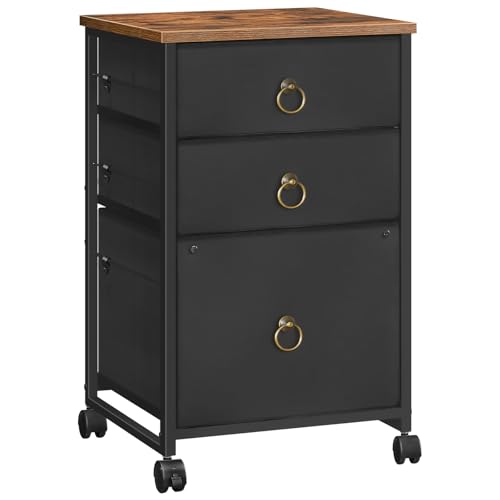 HOOBRO 3-Drawer Mobile File Cabinet, Vertical Filing Cabinet, Under Desk Storage Drawers for Home Office, Rolling Printer Stand, A4/Letter-Sized, Nonwovens Drawer, Rustic Brown and Black BFK30WJ01 - color: Black + Rustic Brown