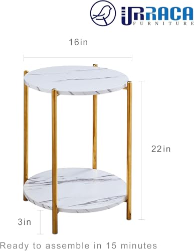 Gold End Table, Faux Marble Side Table, 2-Tier Small Round Nightstand for Bedroom - Modern Accent Table for Living Room Couch, Metal Frame (1 Pack) - color: Gold