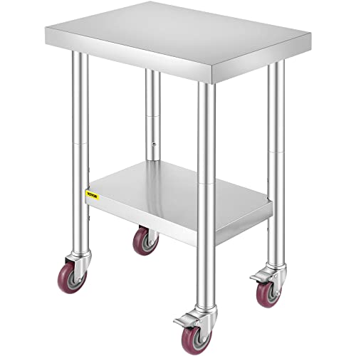 Mophorn 24x18x34 Inch Stainless Steel Work Table 3-Stage Adjustable Shelf with 4 Wheels Heavy Duty Commercial Food Prep Worktable with Brake for Kitchen Prep Work - size: 24*18*34In, style: With Caster