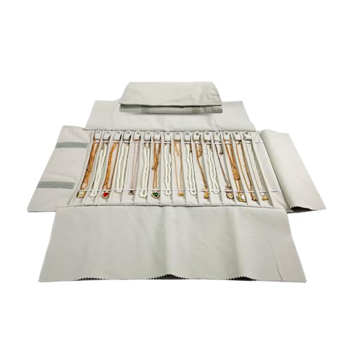 Travel Necklace Organizer, Portable Jewelry Storage Case, 16 Slots | No Tangle, Double Elastic Band, Roll Up, Lightweight, Jewelry Roll Bag for Chains Bracelets, Claimond Veins, Beige
