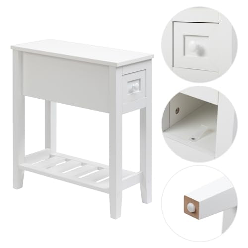 Narrow Side Table for Small Spaces, White Table with Drawer, Slim Bed Table/Night Stand Set of 2, Couch Table - size: 2 set White