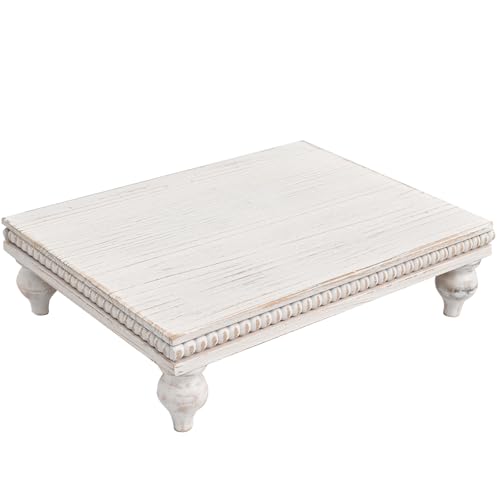 SwallowLiving Farmhouse Wood Riser for Display Decorative, Rustic Shabby Chic Tray for Kitchen Counter, Coffee Bar Table, Dining Room, Wooden Rectangle Beaded Pedestal Stand for Food, White - color: 1pcs - White
