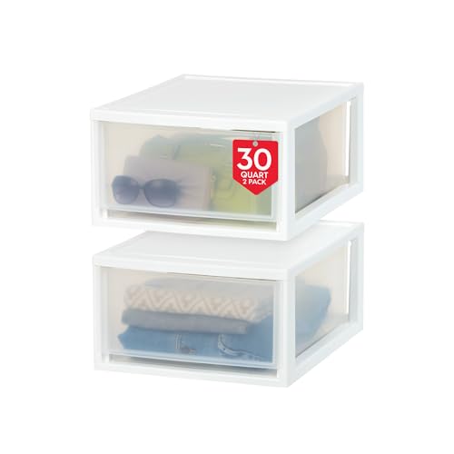 IRIS USA 30 Qt. Plastic Drawer Storage Organizer Stacking Drawers, 2-Pack, Stackable Unit with Sliding Drawer for Clothes Bedroom Kitchen Under Sink Pantry Craft Room Bathroom Dorm Office, White - size: 30 Qt., style: 2 Pack