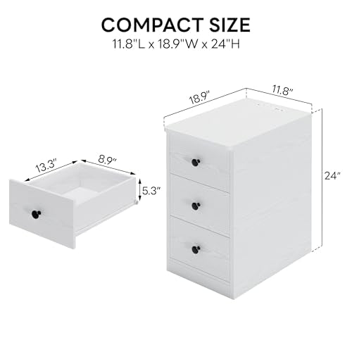 LIKIMIO Nightstand with Charging Station, 3 Drawers Modern for Bedroom - color: White