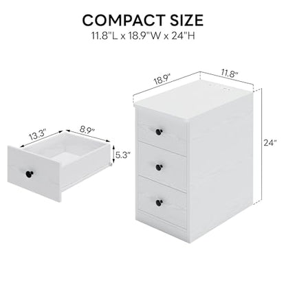 LIKIMIO Nightstand with Charging Station, 3 Drawers Modern for Bedroom - color: White
