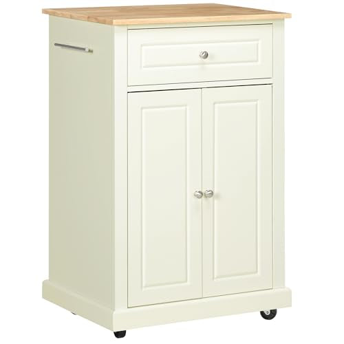 HOMCOM Rolling Kitchen Island Cart, Portable Serving Trolley Table with Drawer, Adjustable Shelf and 2 Towel Racks, Cream White - color: Cream White