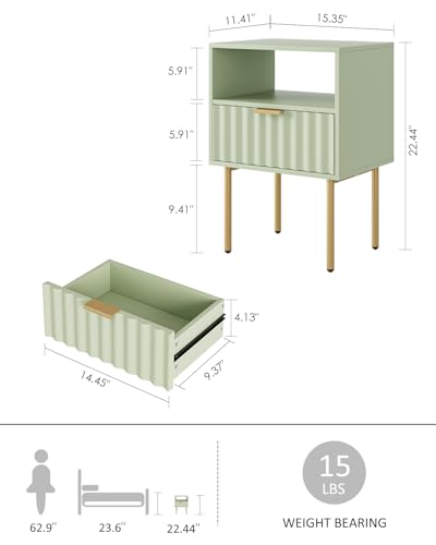 Night Stand,Modern Bedside Table with Drawer and Shelf,Green Night Stand with Gold Frame,Small Side Table for Bedroom,Living Room - color: Green
