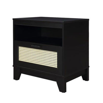Manhattan Comfort Sheridan Cane Nightstand with Full-Extension Drawer and Open Shelf Cubby, Mid-Century Modern Bedside End Table, Boho Night Stand Accent Table for Bedroom or Living Room in Black - size: Set of 1