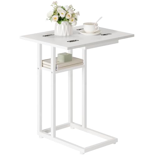 HOOBRO Foldable C Shaped End Table, C Shaped Side Table with Storage Shelf, Small Snack Table, Slide Under Couch Table for Sofa, Living Room Bedroom Small Spaces Easy Assembly, White WW29SF01 - color: White