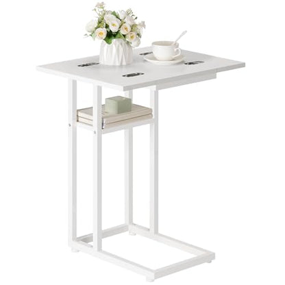 HOOBRO Foldable C Shaped End Table, C Shaped Side Table with Storage Shelf, Small Snack Table, Slide Under Couch Table for Sofa, Living Room Bedroom Small Spaces Easy Assembly, White WW29SF01 - color: White