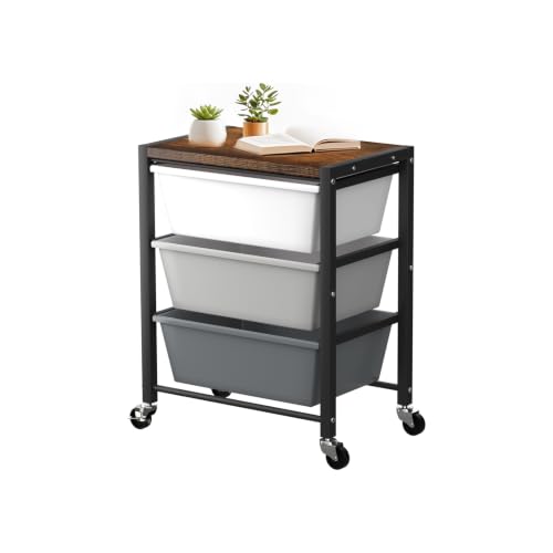 Rolling Cart with 3 Drawers, Plastic Drawer Storage Carts with Lockable Wheels & Wooden Tabletop, Metal Utility Cart Organizer, Office Bedroom Classroom Craft Organization and Storage, Dark Grey - color: Dark Grey, size: 3-drawer