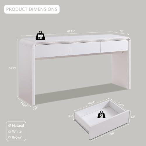 Aitjunz 63'' Console Table with 3 Drawers, Modern Entryway Table with Curved Profile Design, Narrow Long Wood Sofa Table Behind Couch Table for Living Room, Hallway, Foyer, White - color: White