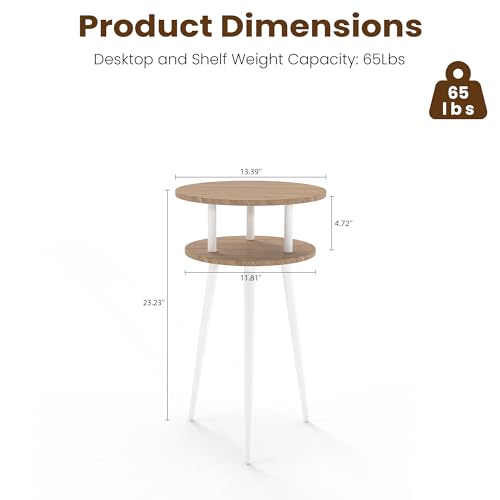 Small End Table for Living Room, 2-Tier Round Side Table with Metal Leg,Compact Sofa Circle Bedside Table Nightstand with Storage, Accent Table for Bedroom, Natural Wood - color: Oak and White