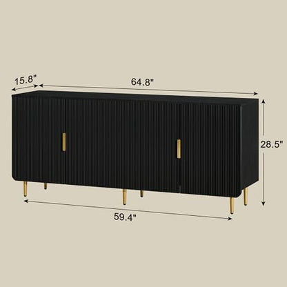 65" Fluted Sideboard Buffet Cabinet with Storage, Console Cabinet with 4 Doors & Adjustable Shelves, Modern Buffet Table for Kitchen Dining Living Room Hallway‌ Entryway, Black - color: Black
