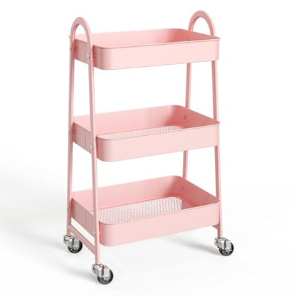 NEWBULIG 3-Tier Metal Rolling Cart with Lockable Wheels, Heavy Duty Mobile Utility Storage Shelf, Roller Book Snack Cart, Organization for Livingroom, Bathroom, Office, Pink | Mobile Organizer Shelf, Space-Saving, Freestanding, Bathroom, Living Room, Slim