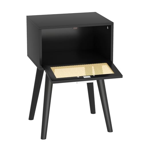 LAATOOREE Nightstand Set of 2, Small End Table with Rattan Door, Bedside Table with Solid Wood Feet, Boho Side Table for Bedroom Living Room Small Space, Black - color: Black, style: Boho Style