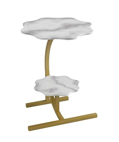 2 Layers Flower Shape Marble Texture Small C-Shaped Side Table,Snack Side Table, End Table for Sofa SideTable,Bedside Table for Living Room Kitchen Garden Bedroom - color: White+gold