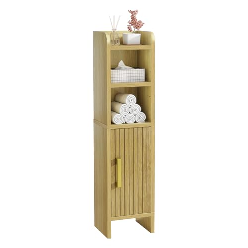 Freestanding Bathroom Cabinet Small Wooden Storage Cabinet with Fluted Wood Door, Narrow Toilet Paper Storage Holder with 2 Adjustable Shelves for Bathroom, Wood - color: Wood-v
