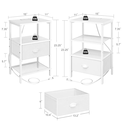 sthmec Nightstands Set of 2, LED Night Stands with Charging Station and Fabric Drawer, Bedside Tables with Drawers, 2- Tier LED Side Table End Table Charging Station Bedroom, White - color: White, style: Power & LED