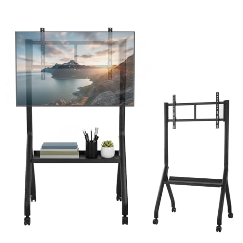 Smart Board Stand with 4 Lockable Wheels, 42-75" Height Adjustable Mobile Stand, Floor Wheeled TV Cart Rack Supports Up to 210lbs Rolling TVs Bracket with Laptop Shelf for Office/Classroom/HOM