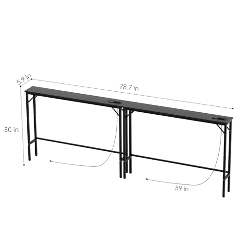 Aduanbang 78.7 inch Narrow Console Table with Outlet, Sofa Table Set of 2, Behind Couch Table, Long Entryway Tables with Charging Station, for Living Room, Rustic Brown - color: Black, size: 5.9"D x 78.7"W x 30"H