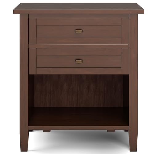 SIMPLIHOME Warm Shaker Bedside Table - 24 inch Wide Solid Wood Nightstand in Russet Brown, Transitional Bedroom Side or End Table with 2 Drawers, Open Shelf Storage and Brushed Nickel Hardware - color: Russet Brown