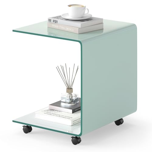Tangkula Tempered Glass Side Table, Modern C-Shaped Bedside Table Nightstand with Storage Shelf, 4 Lockable Universal Wheels, Rolling Sofa End Table for Living Room Bedroom Office (1, White) - color: White
