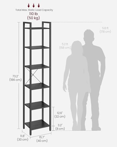 VASAGLE 6-Tier Bookshelf, Bookcase with Steel Frame, Book Shelf for Living Room, Home Office, Study, 11.8 x 15.7 x 73.2 Inches, Industrial Style, Ebony Black and Ink Black ULLS101B56 - color: Ebony Black + Ink Black, size: 6 Tiers (11.8"D x 15.7"W x 73.2"