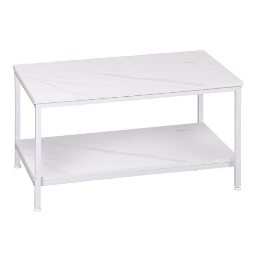 SUPER DEAL 2-Tier Industrial Coffee Table with Storage Shelf for Small Apartment Living Room, Rectangle Wood and Stable Metal TV Stand Side End Table, White Marble - color: White Marble, size: 31.5in