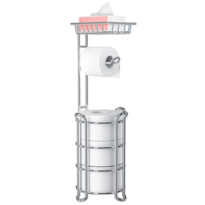 Toilet Paper Holder Stand with Shelf for Phone, Bathroom Free Standing Tissue Roll Storage Rack with Dispenser for 4 Mega Rolls, Chrome - color: Chrome