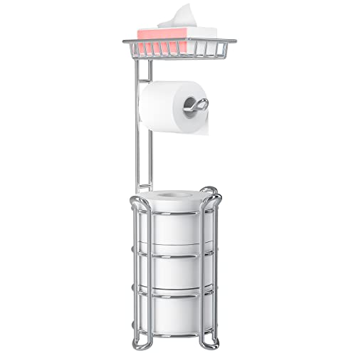 Toilet Paper Holder Stand with Shelf for Phone, Bathroom Free Standing Tissue Roll Storage Rack with Dispenser for 4 Mega Rolls, Chrome - color: Chrome