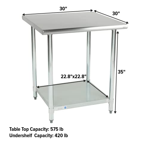 30" x 30" Stainless Steel Prep Table – NSF Certified Heavy Duty Work Table for Home & Commercial Use – Galvanized Undershelf & Legs - size: 30x30