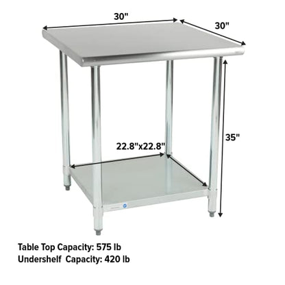 30" x 30" Stainless Steel Prep Table – NSF Certified Heavy Duty Work Table for Home & Commercial Use – Galvanized Undershelf & Legs - size: 30x30