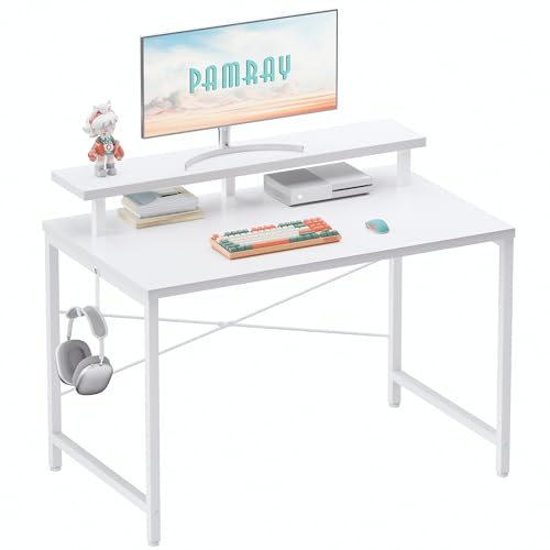 Pamray 32 Inch Small Computer Desk with Monitor Stand, Simple Office Desk with Headphone Hook for Small Spaces, Kids Study Writing Table for Bedroom, White - color: White, size: 32 Inch