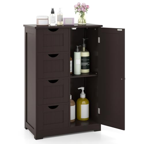 Tangkula Bathroom Floor Cabinet, Freestanding Storage Cabinet with 4 Drawers & Single Door, Adjustable Shelf, Multipurpose Bathroom Storage for Home Office, 21.5 x 12 x 32.5 Inches (Coffee) - color: Coffee, style: 4 Drawers