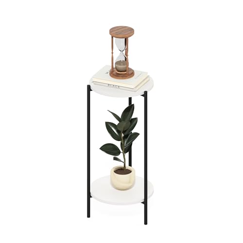 Furinno BESI Plant Stand Indoor, 2-Tier Round Plant Shelf, Metal Flower Pot Plant Stand, Balcony, Patio, Garden, White - color: White/Black
