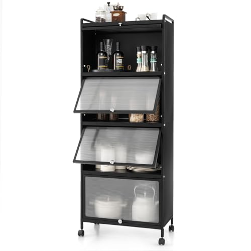 LDAILY 5-Tier Kitchen Storage Cabinet, Mobile Microwave Stand with Metal Frame, Double Anti-toppling Device, 4 Rolling Casters, Freestanding Bakers Rack for Kitchen, Dining Room, Living Room (Black) - color: Black