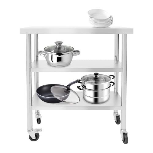 30x14x35in 3-Tier Stainless Steel Work Table with Casters & Foot Pads, Adjustable Shelves, 330 lbs Load Capacity, Space-Saving Metal Utility Cart for Small Spaces, Kitchen, Garage, Restaurant, Home - size: 30x14x35 Inches