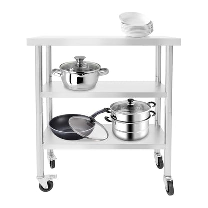 30x14x35in 3-Tier Stainless Steel Work Table with Casters & Foot Pads, Adjustable Shelves, 330 lbs Load Capacity, Space-Saving Metal Utility Cart for Small Spaces, Kitchen, Garage, Restaurant, Home - size: 30x14x35 Inches